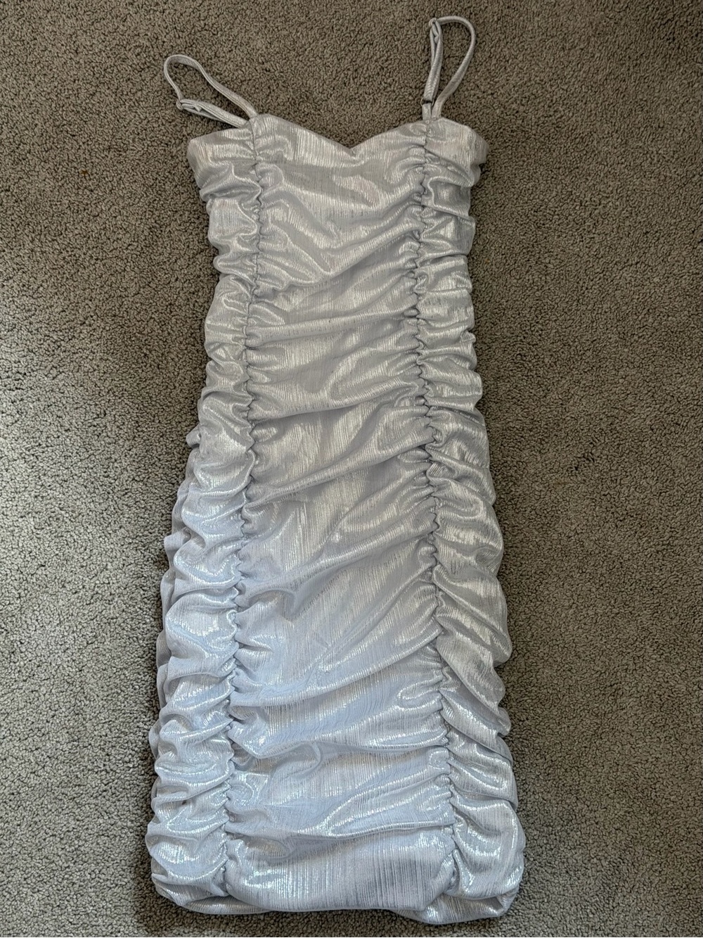 Katie J NYC Silver Ruched Spaghetti-Strap Dress, Size 7/8